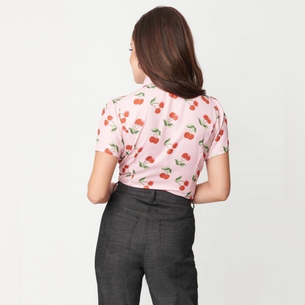 Cherry Short Sleeve Tie Front Blouse - Picture 3 of 8